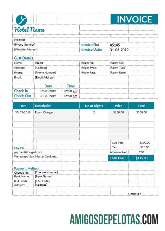 para download Modelo de fatura de quarto de hotel